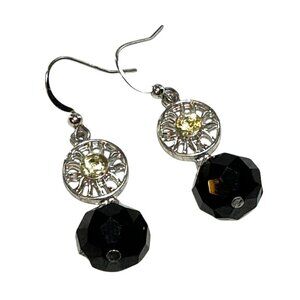 Dangle Earrings Yellow Rhinestone Center Black Beaded